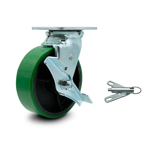 6 Inch Green Poly on Cast Iron Caster with Roller Bearing and Brake/Swivel Lock
